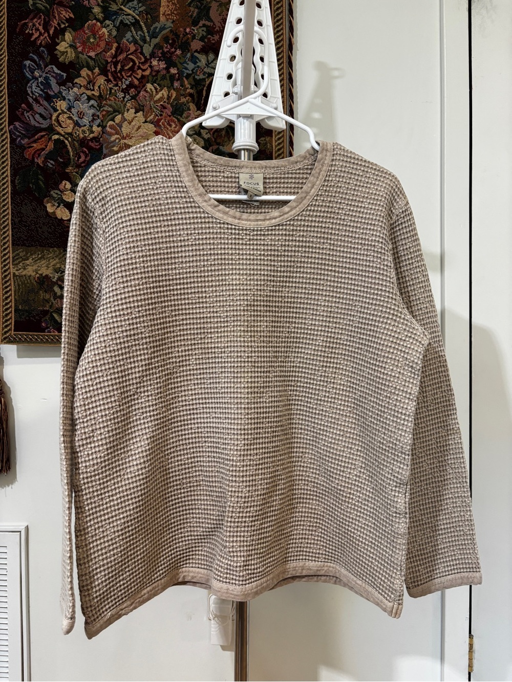 Focus 100% Cotton Waffle Knit Pullover Top S Taupe Lagenlook